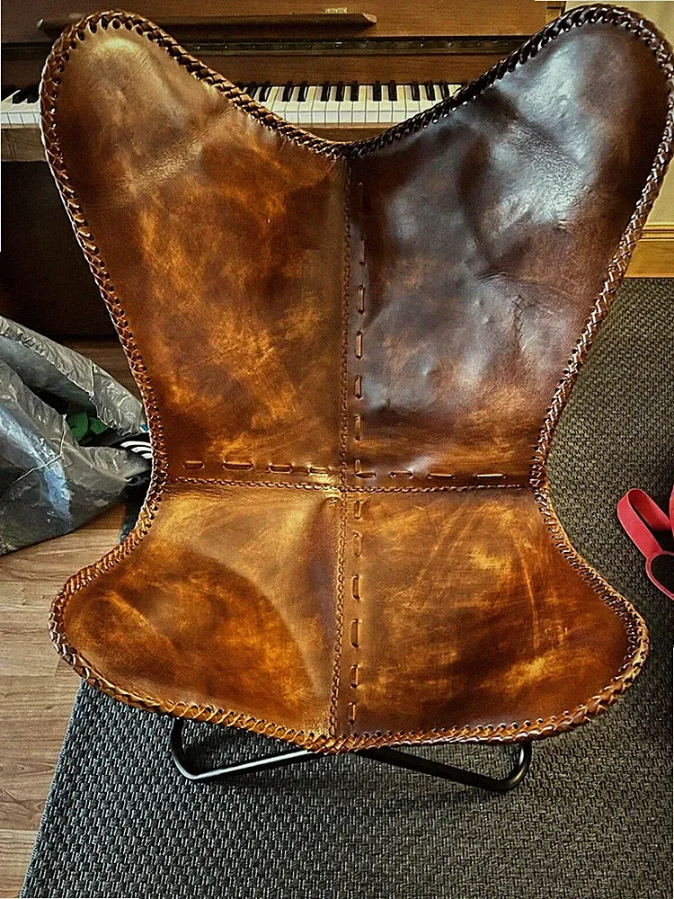 Authentic Genuine Leather Butterfly Chair Retro Handmade Accent Chair