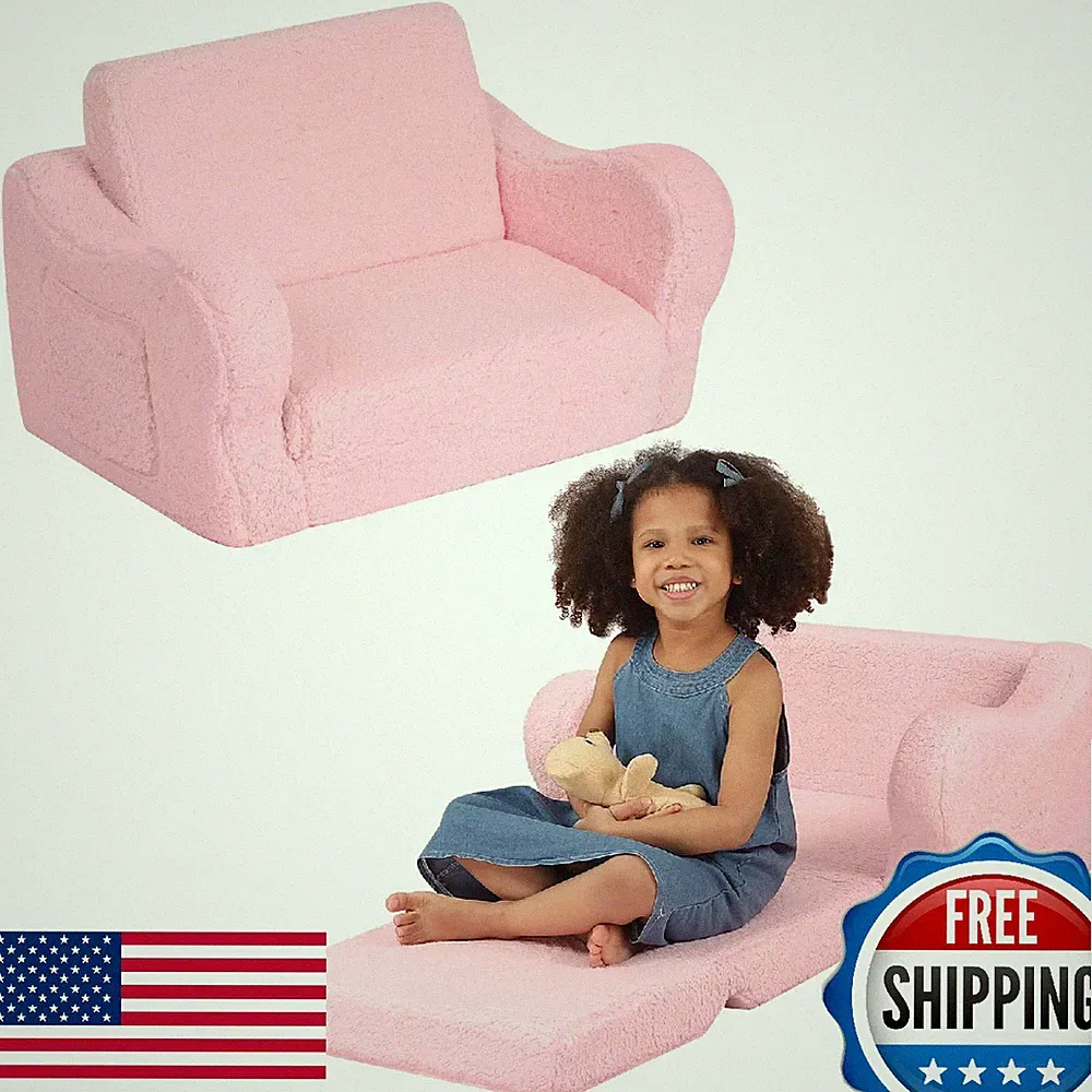 BestRoyal Comfy Toddler Chair, 2-in-1 Toddler Couch Fold Out, Convertible Sherpa