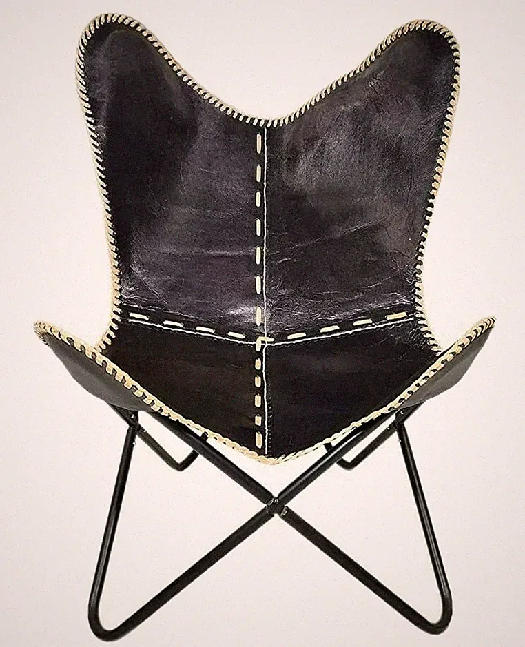 Black Leather Vintage Relax Arm Butterfly Chair Folding Seat Modern Sling Lounge