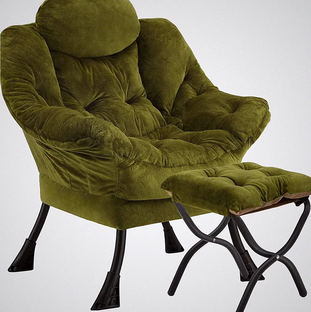 Cozy Green Plush Lazy Chair with Folding Ottoman & Side Pockets