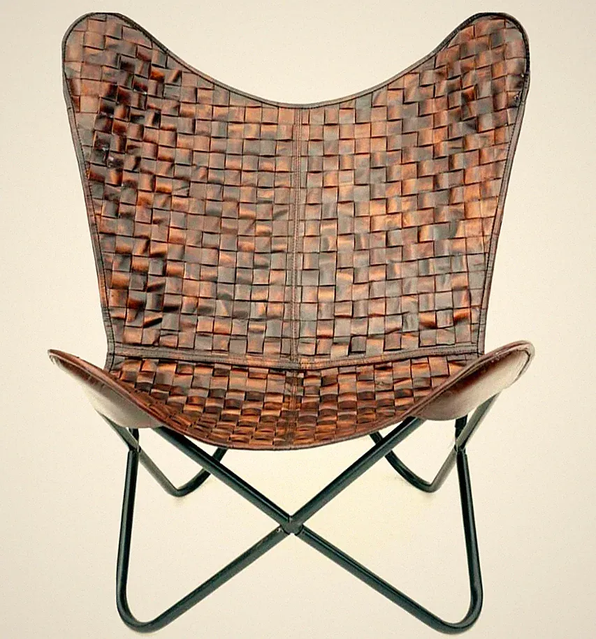 Genuine Leather Folding Butterfly Chair Iron Frame Lounge Chair Handmade