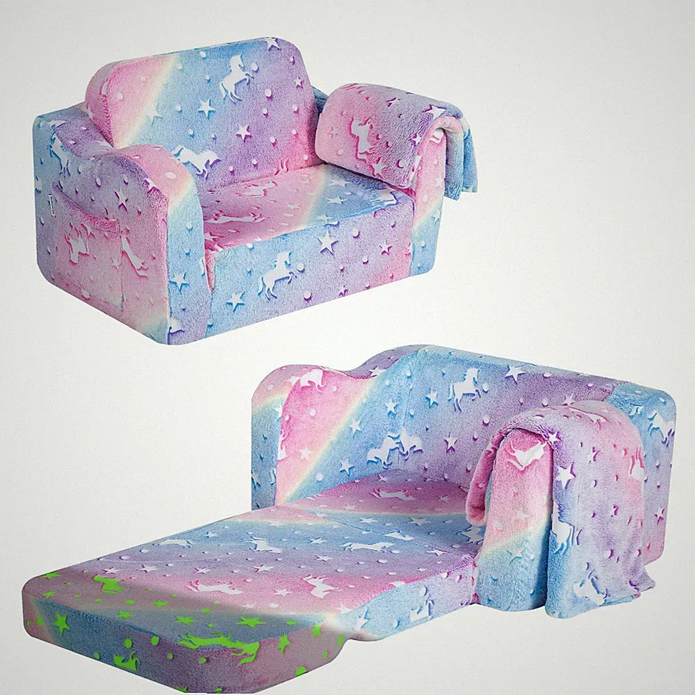 Kids Couch Fold Out Flip Out Sofa Chair with Blanket Foldable Toddler Couch f...