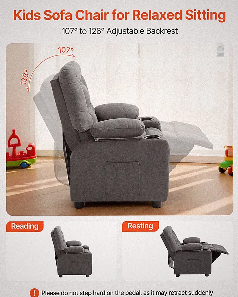 Kids Recliner Chair Adjustable Toddler Sofa with Cup Holder Gray