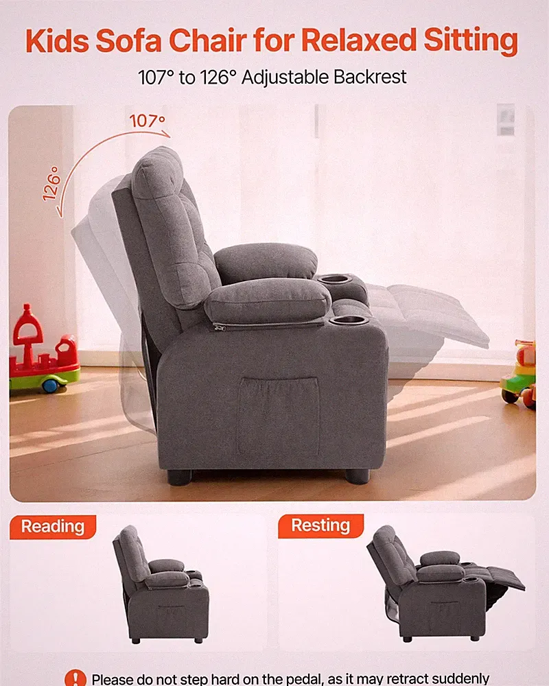Kids Recliner Chair, Toddler Lounger with Cup Holders & Pockets, 107?° to 12
