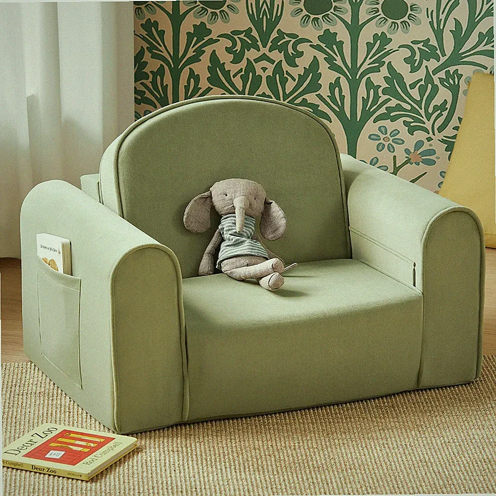 New Listing Foldable Kids Couch 2-in-1 Convertible Lounger Green Soft Toddler Sofa Tiny Land