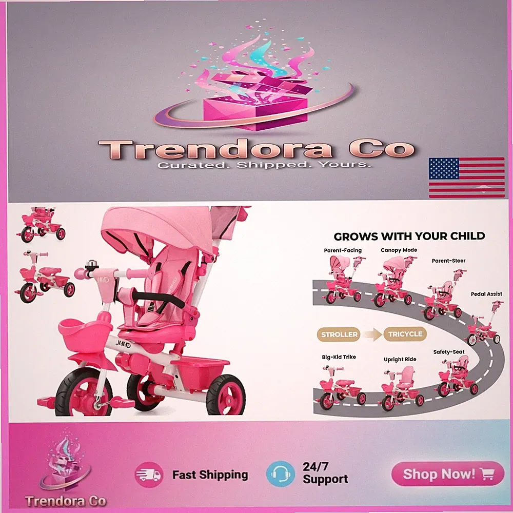 Stylish Pink 7-in-1 Tricycle Stroller with Reclining Seat & Canopy for Toddlers