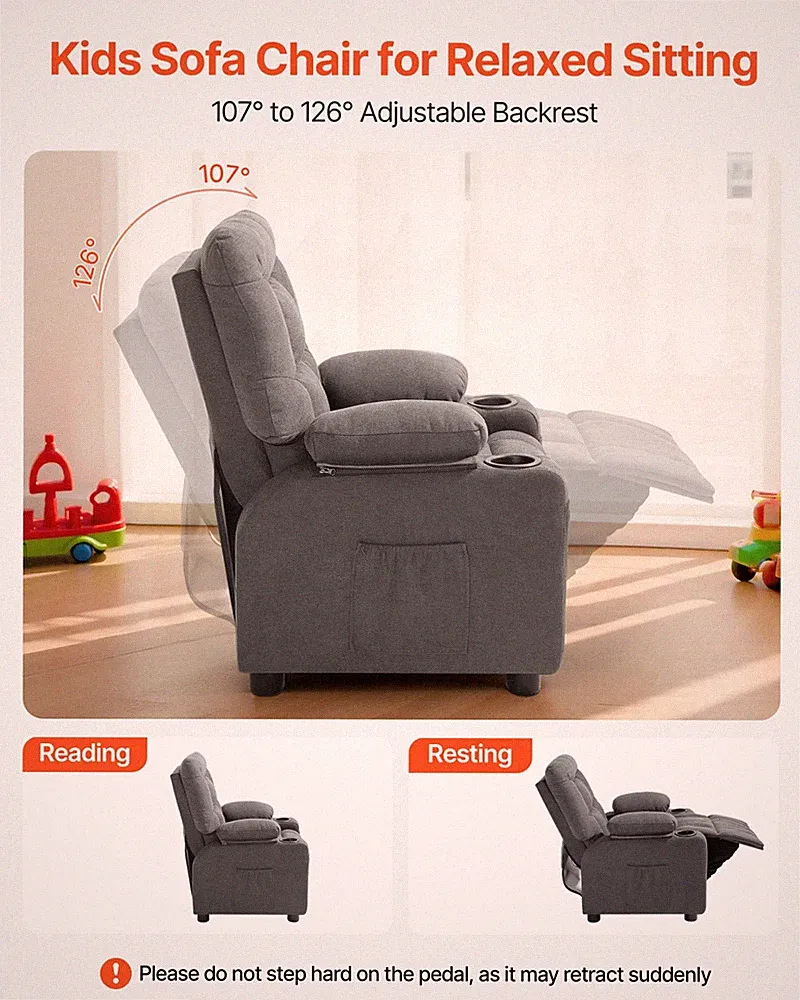 VEVOR Kids Recliner Chair - Gray, Toddler Lounger with Cup Holders & Pockets, 10
