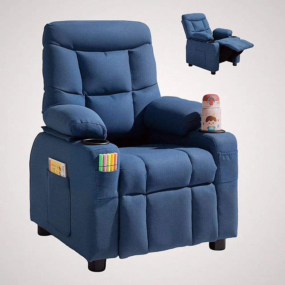 VEVOR Kids Reclining Chair Toddler Recliner with Cup Holders and Pockets (Blue)