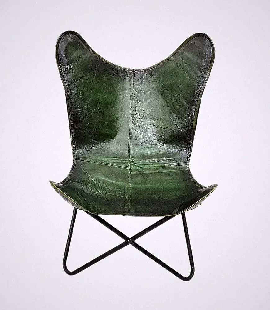 Vintage Buffalo Natural Green Leather Butterfly Chair Folding Lounge AccentChair